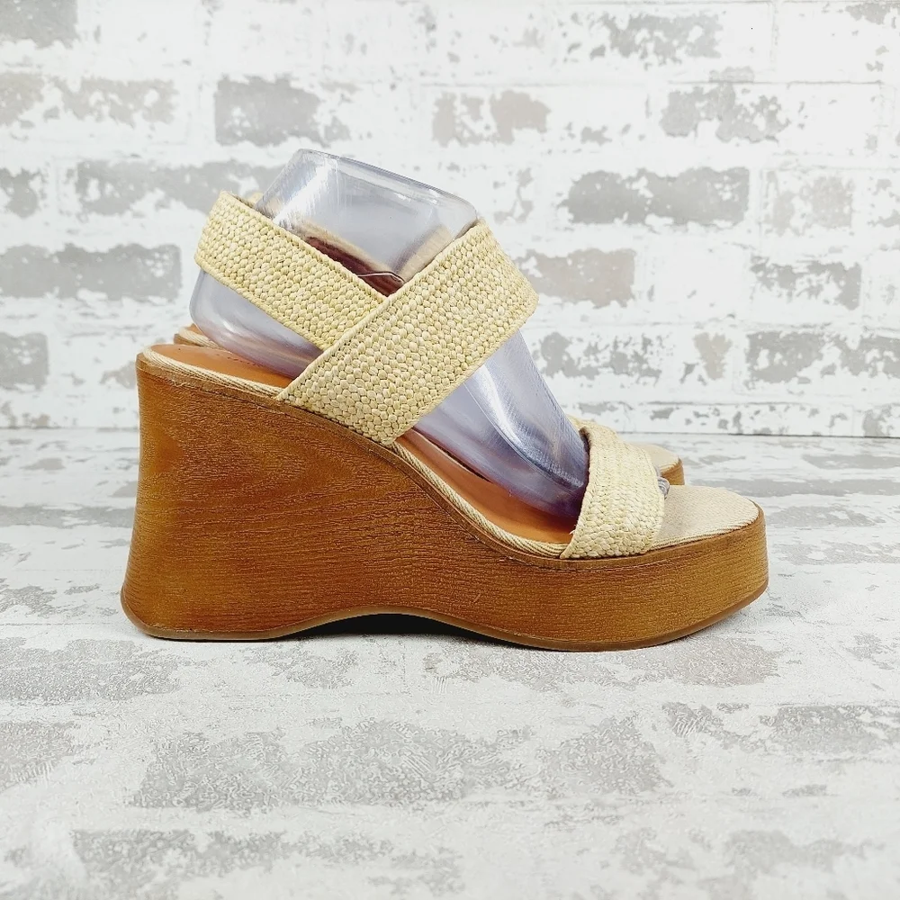 New Lucky Brand Delukah Dark Natural Wedge Heel Slingback Platform Sandals H814 - Picture 5 of 13